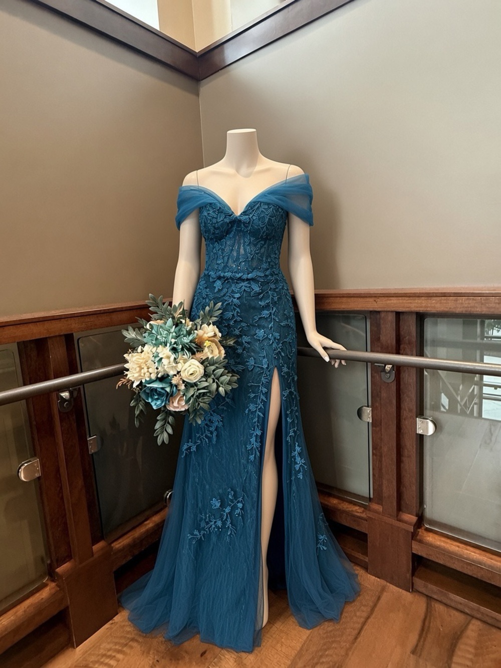 Off-Shoulder Teal Lace Evening Gown with Thigh Slit